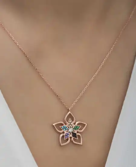 ​gümüş Rose Renkli Taşlı Çiçek Kadın Kolye