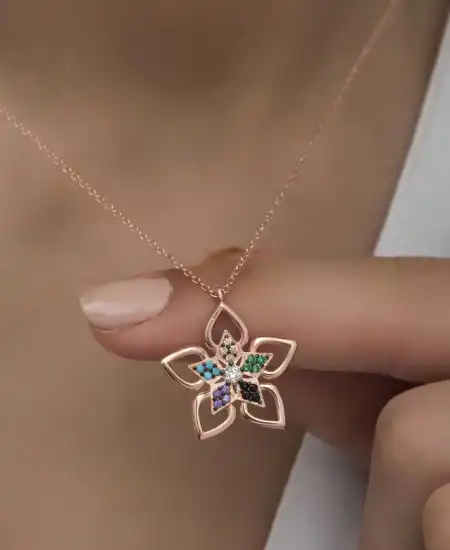 ​gümüş Rose Renkli Taşlı Çiçek Kadın Kolye