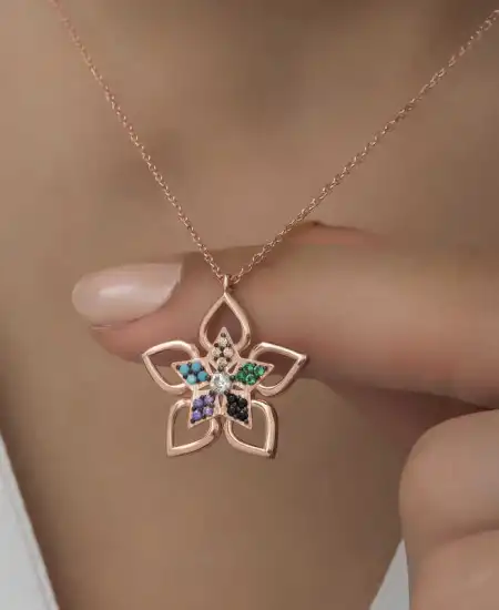 ​gümüş Rose Renkli Taşlı Çiçek Kadın Kolye