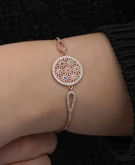 ​gümüş Rose Renkli Yaşam Çiçeği Kadın Bileklik