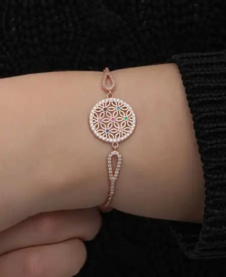 ​gümüş Rose Renkli Yaşam Çiçeği Kadın Bileklik