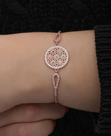 ​gümüş Rose Renkli Yaşam Çiçeği Kadın Bileklik