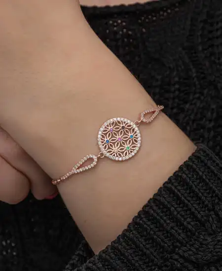 ​gümüş Rose Renkli Yaşam Çiçeği Kadın Bileklik