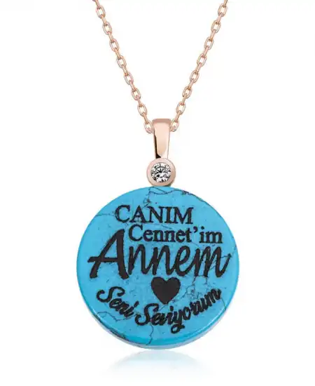 ​gümüş Rose Turkuaz Taşlı Annem Yazılı Kadın Kolye