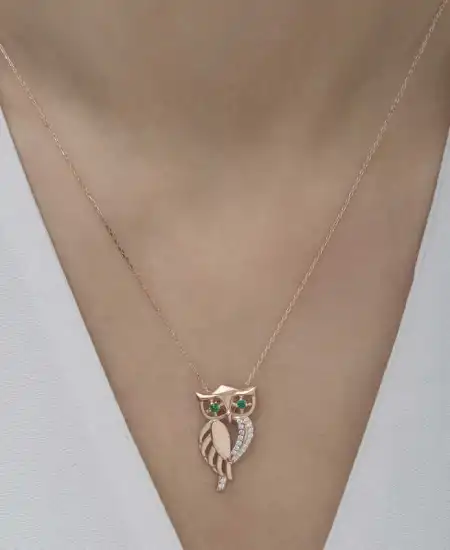 ​gümüş Rose Yeşil Gözlü Baykuş Kadın Kolye