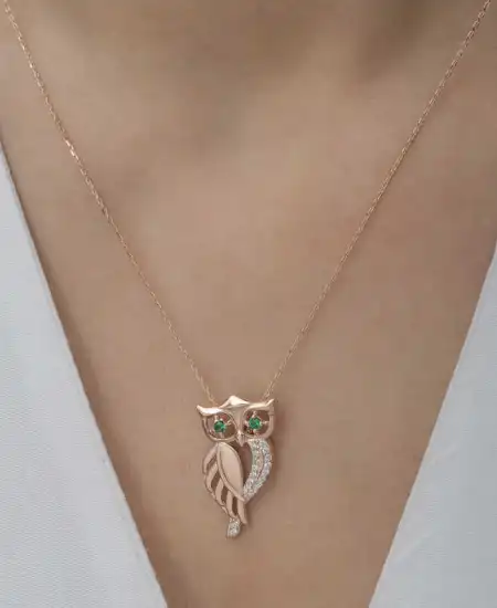 ​gümüş Rose Yeşil Gözlü Baykuş Kadın Kolye