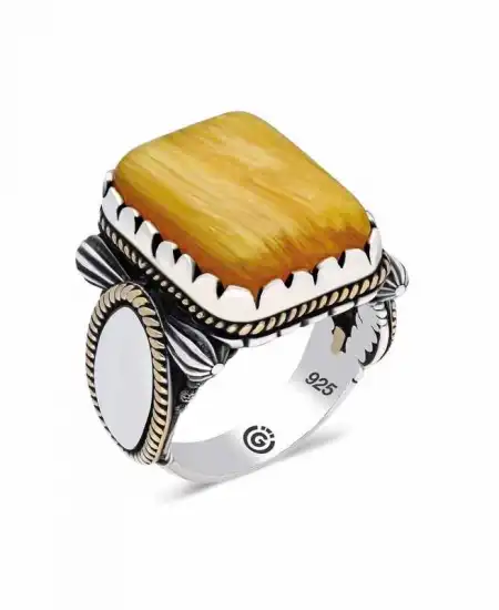 ​gümüş Sarı Sıkma Kehribar Taşlı Kare Erkek Yüzük