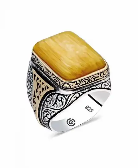 ​gümüş Sıkma Kehribar Kare Erkek Yüzük