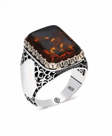 ​gümüş Sıkma Kehribar Taşlı Kare Erkek Yüzük