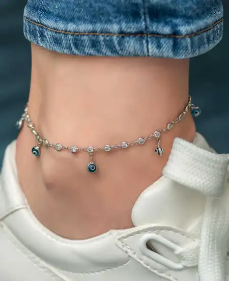 ​gümüş Sıralı Zirkon Taşlı Nazarlı Rodyum Halhal