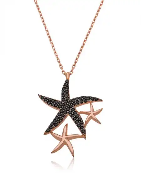 ​gümüş Siyah Taşlı Deniz Yıldızları Bayan Kolye