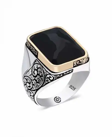 ​gümüş Siyah Taşlı Dikdörtgen Erkek Yüzük