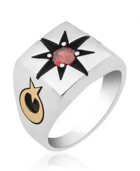 ​gümüş Tek Taşlı Kutup Yıldızı Motifli Erkek Yüzük