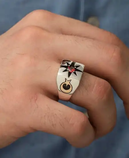 ​gümüş Tek Taşlı Kutup Yıldızı Motifli Erkek Yüzük