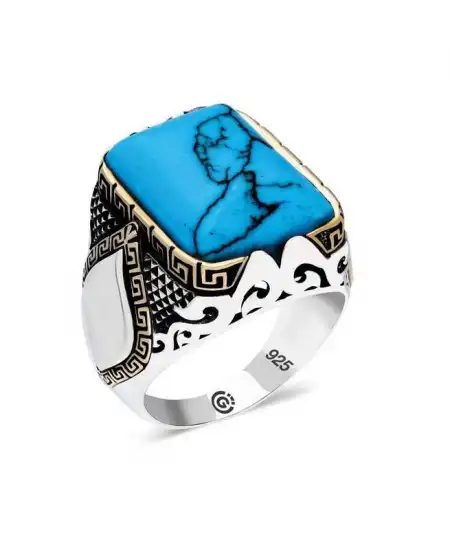 ​gümüş Turkuaz Taşlı Köşeli Erkek Yüzük