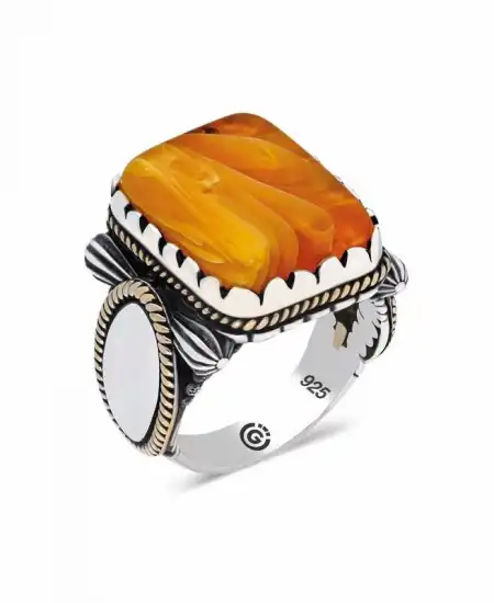 ​gümüş Turuncu Kaplan Gözü Taşlı Köşeli Erkek Yüzük