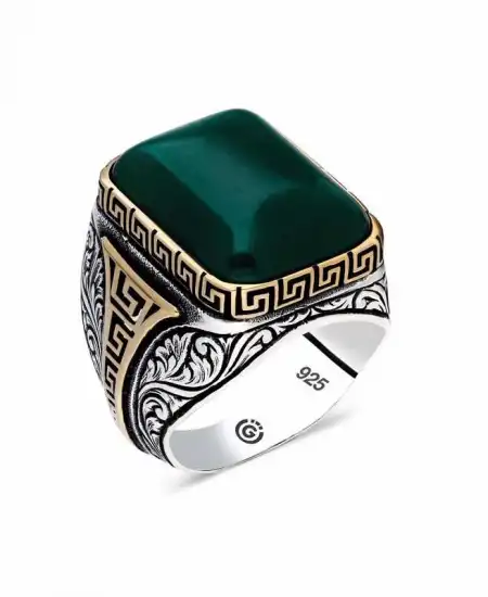 ​gümüş Yeşil Akik Taşlı Köşeli Erkek Yüzük