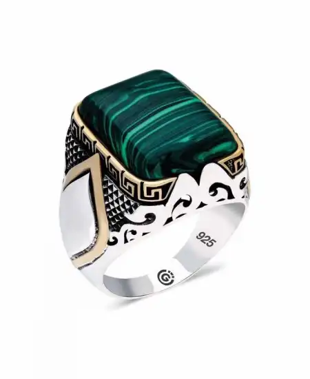 ​gümüş Malahit Taşlı Kare Erkek Yüzük