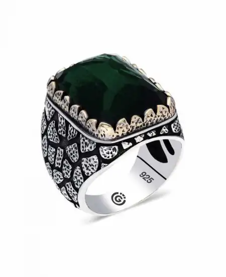 ​gümüş Yeşil Zirkon Taşlı Kare Erkek Yüzük
