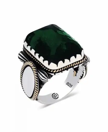 ​gümüş Yeşil Zirkon Taşlı Kare Erkek Yüzük