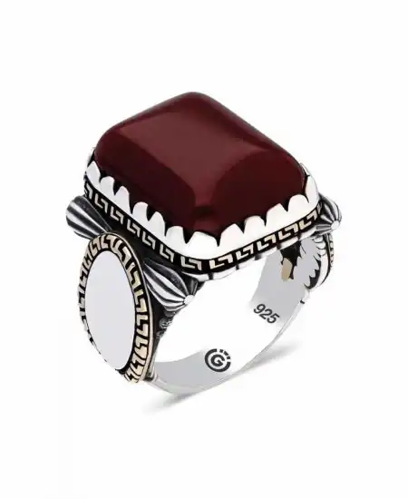 ​gümüş Zirkon Bordo Akik Taşlı Kare Erkek Yüzük
