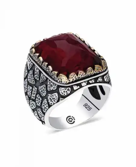 ​gümüş Zirkon Bordo Taşlı Kare Erkek Yüzük