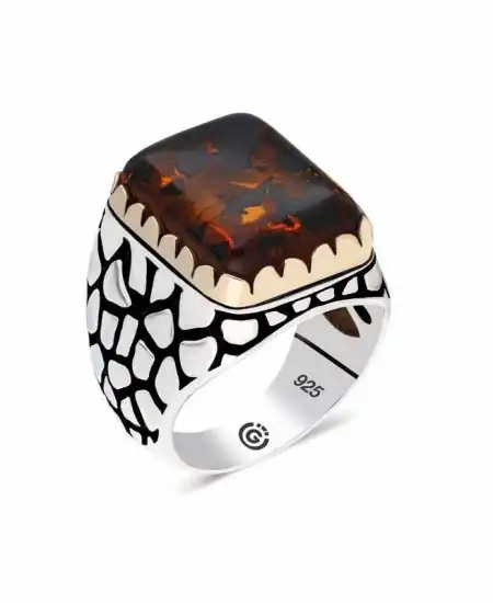 ​gümüş Zirkon Kahverengi Taşlı Kare Erkek Yüzük