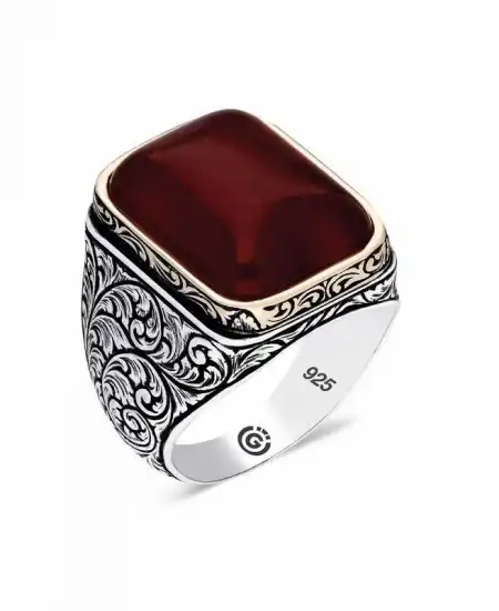 ​gümüş Zirkon Koyu Bordo  Taşlı Kare Erkek Yüzük