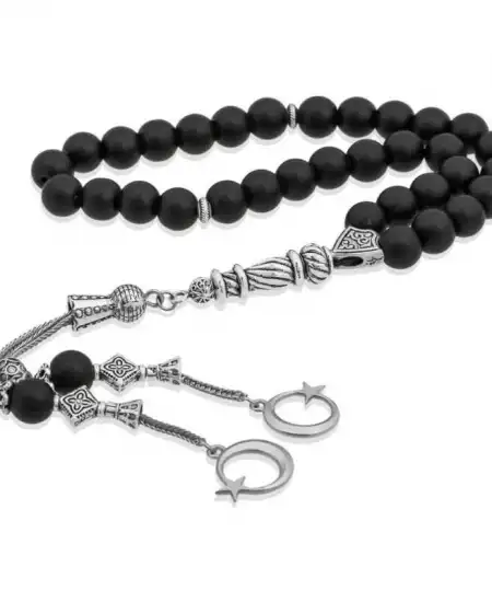 Doğaltaş Metal Püsküllü Oniks Siyah Mat Taşlı Tesbih