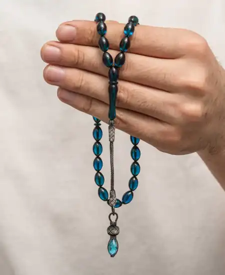 Gümüş 1000 Ayar Kazaz Püsküllü Sıkma Kehribar Tesbih