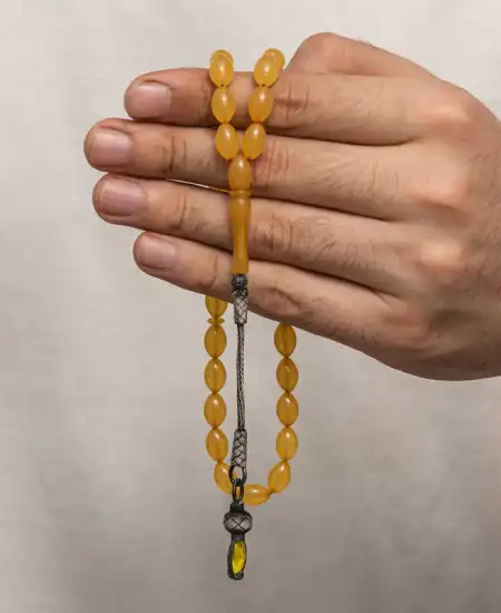 Gümüş 1000 Ayar Kazaz Püsküllü Sıkma Kehribar Tesbih