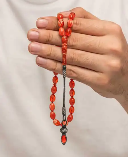 Gümüş 1000 Ayar Kazaz Püsküllü Sıkma Kehribar Tesbih