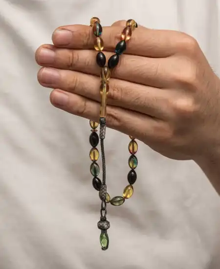 Gümüş 1000 Ayar Kazaz Püsküllü Sıkma Kehribar Tesbih