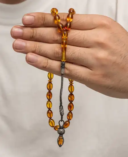 Gümüş 1000 Ayar Kazaz Püsküllü Sıkma Kehribar Tesbih