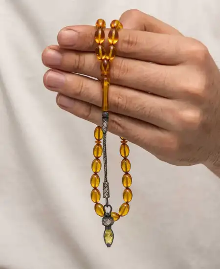 Gümüş 1000 Ayar Kazaz Püsküllü Sıkma Kehribar Tesbih