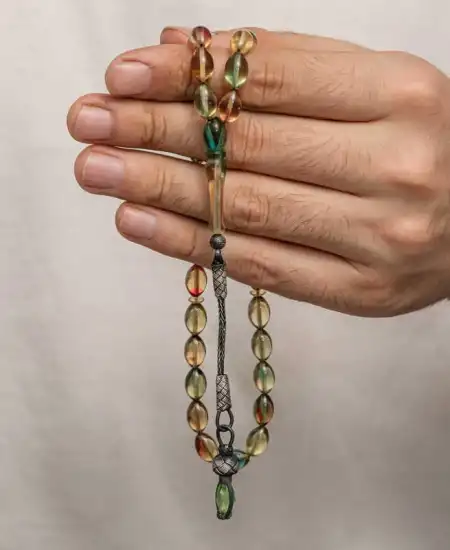 Gümüş 1000 Ayar Kazaz Püsküllü Sıkma Kehribar Tesbih