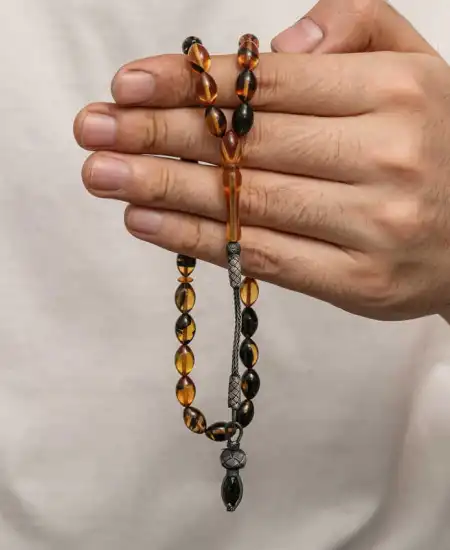 Gümüş 1000 Ayar Kazaz Püsküllü Sıkma Kehribar Tesbih