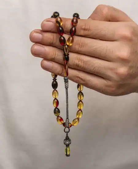 Gümüş 1000 Ayar Kazaz Püsküllü Sıkma Kehribar Tesbih