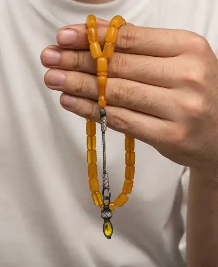 Gümüş 1000 Ayar Kazaz Püsküllü Sıkma Kehribar Tesbih