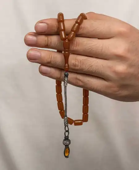 Gümüş 1000 Ayar Kazaz Püsküllü Sıkma Kehribar Tesbih