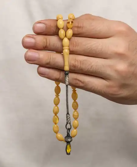 Gümüş 1000 Ayar Kazaz Püsküllü Sıkma Kehribar Tesbih