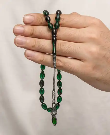 Gümüş 1000 Ayar Kazaz Püsküllü Sıkma Kehribar Tesbih