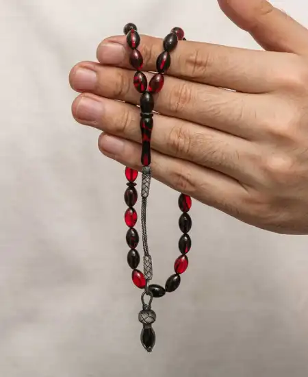 Gümüş 1000 Ayar Kazaz Püsküllü Sıkma Kehribar Tesbih