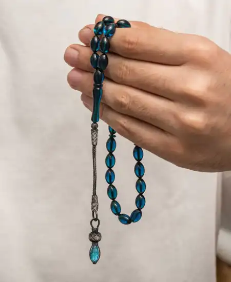 Gümüş 1000 Ayar Kazaz Püsküllü Sıkma Kehribar Tesbih