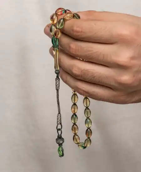 Gümüş 1000 Ayar Kazaz Püsküllü Sıkma Kehribar Tesbih