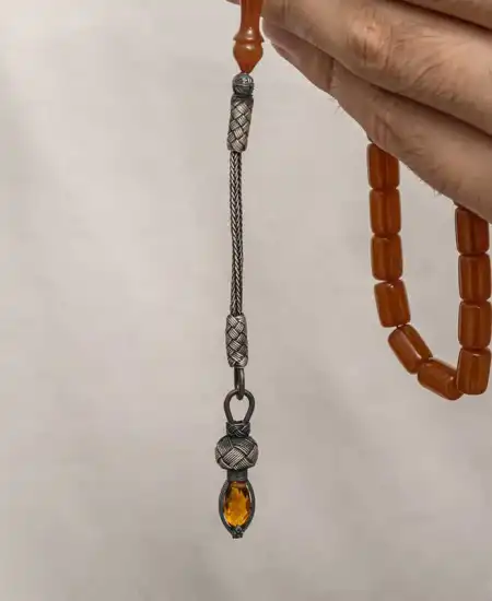 Gümüş 1000 Ayar Kazaz Püsküllü Sıkma Kehribar Tesbih