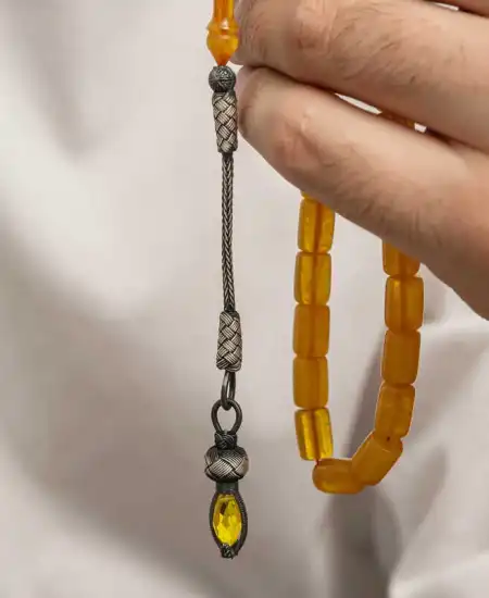 Gümüş 1000 Ayar Kazaz Püsküllü Sıkma Kehribar Tesbih