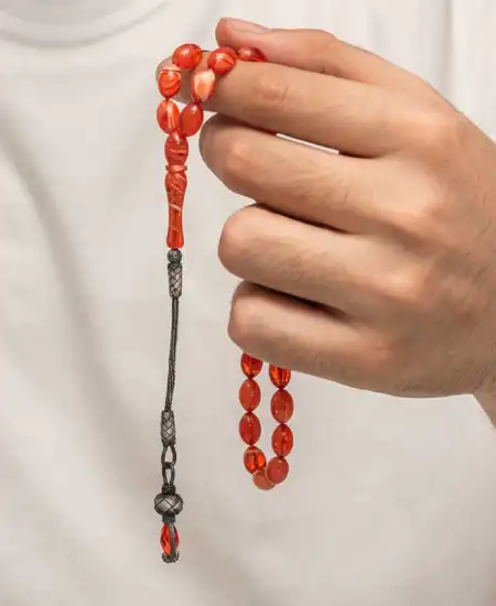 Gümüş 1000 Ayar Kazaz Püsküllü Sıkma Kehribar Tesbih