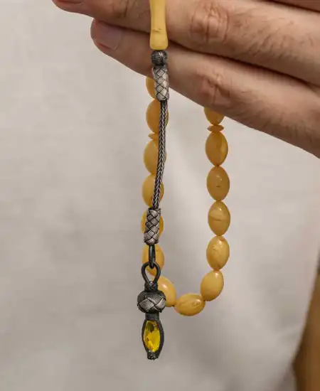 Gümüş 1000 Ayar Kazaz Püsküllü Sıkma Kehribar Tesbih