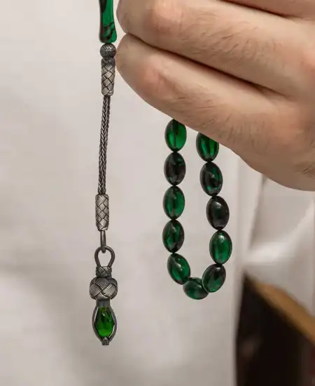 Gümüş 1000 Ayar Kazaz Püsküllü Sıkma Kehribar Tesbih